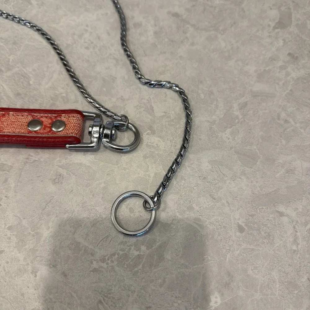 Red Pet Leash With Silver Tone Chain 42 1/2 Inches Long.